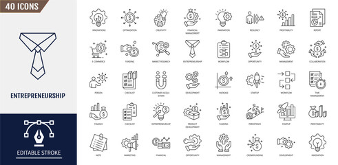 Entrepreneurship icon set. Innovation, start up, business plan, venture capital, risk taking, leadership, mentorship and more. Editable stroke. Vector illustration