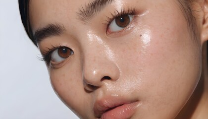 Fototapeta premium beauty model mockup. Close-up portrait of a young woman with glowing dewy skin and natural makeup.