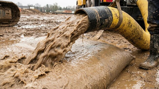 Large industrial hose discharging thick brown mud and dirty water