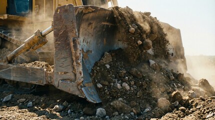 Bulldozer blade pushing pile of dirt and rocks on construction site