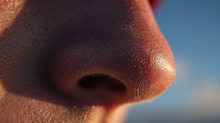 Close up macro of textured nose tip glowing subtly under natural light with visible skin pores and fine hair against soft blue background creating calm and detailed view