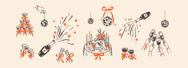 Set of hand drawn crayon doodle whimsical design elements, icons, illustrations for wedding, bachelorette, birthday party invitations. Champagne popping bottle, cocktail glass tower with coquette bow