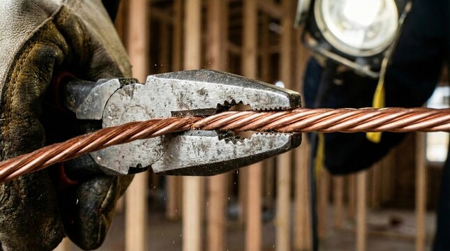 Electrician hands cutting thick copper wire with heavy duty pliers