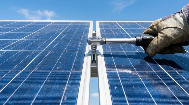 Gloved hand using torque wrench to secure solar panel clamp on roof