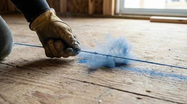 Carpenter hand snapping blue chalk line on plywood subfloor