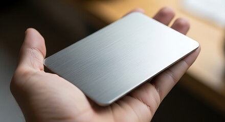 Obraz premium Sleek Metallic Card Displayed in Hand Close-up, Modern Minimalism