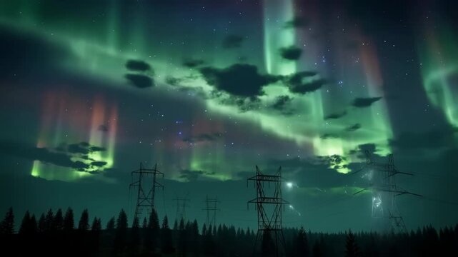 Majestic northern lights dance over forest and powerlines in night sky