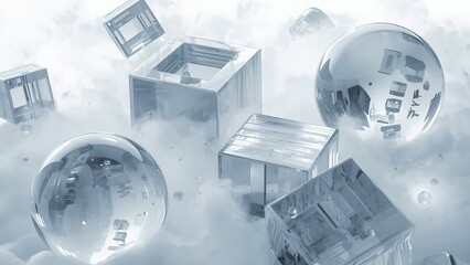 A surreal digital artwork featuring floating glass orbs and metallic boxes in a cloudy atmosphere