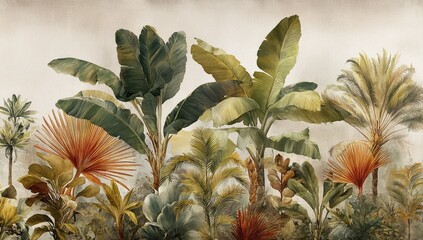 Obraz premium A tropical landscape of vibrant green, yellow, and orange plants against a beige background
