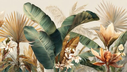 Tropical-themed illustration with lush foliage, various plants, and a neutral color palette © Quentin
