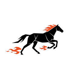 Dynamic vector illustration of a powerful black horse in full gallop with vibrant orange flames. Symbolizing incredible speed, strength, and energetic momentum, it represents rapid progress