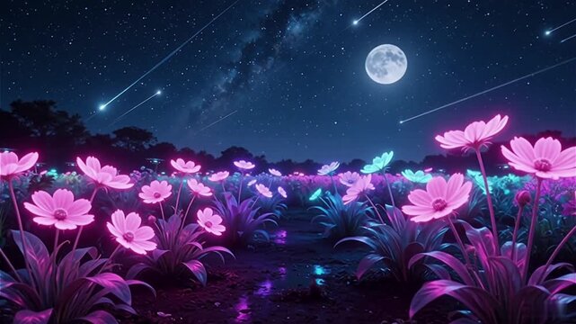 Neon cosmos flowers glowing in cinematic cyberpunk night garden