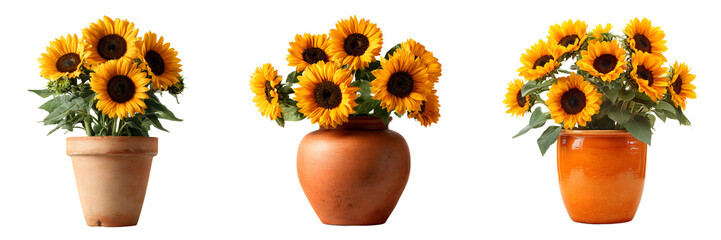 Obraz premium A collection of unique flowers with bright yellow petals arranged in different polished clay pots, isolated on a white or transparent background.