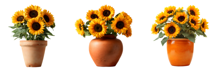 A collection of unique flowers with bright yellow petals arranged in different polished clay pots, isolated on a white or transparent background.