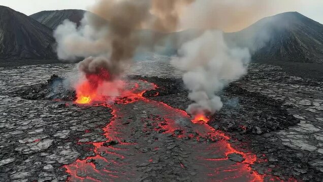 Volcanic Eruption: Witness the raw power of nature as molten rock flows and explosive smoke plumes rise during a volcanic eruption, showcasing Earth's geological forces in a fiery spectacle.