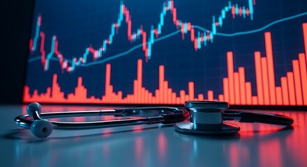 A stethoscope rests in front of a glowing digital stock market graph, symbolizing the intersection of healthcare and finance