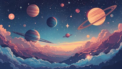 Surreal cosmic fantasy world vector illustration abstract planets and celestial