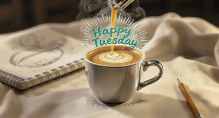 Hot Coffee Mug with Latte Art and Steaming Coffee on White Fabric with Notebook and Pencil for Tuesday Greeting