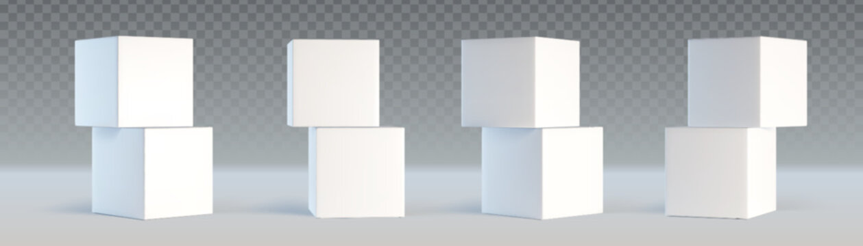 Stacked 3D cubes set isolated on transparent background. Vector realistic piles of abstract white boxes, front and angle view with soft shadows, presentation podium mockup, geometric platform design