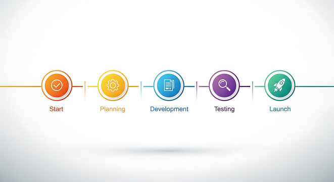 Streamlined business development process infographic showcasing five key project management phases start, planning, development, testing, and successful launch, illustrated with modern icons