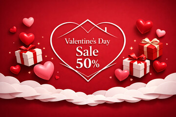 Luxury Valentine Day Sale Banner With Floating Hearts Gift Boxes And Paper Cut Clouds On Red Background