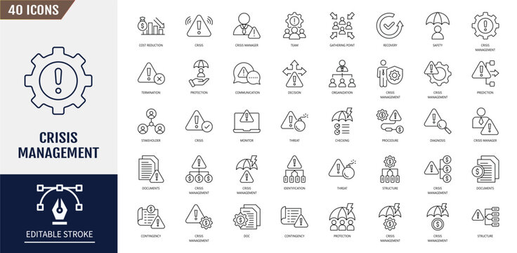 Crisis management icon set. World, protection, gathering point, recovery, safety, checklist, security and more. Editable stroke. Vector illustration
