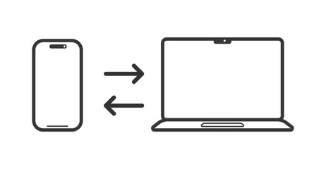 Isolated pictogram of modern smartphone with laptop and arrows, representing digital data synchronization, cross device connectivity, file transfer, cloud sharing, and technology integration.
