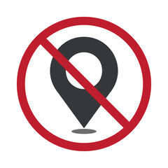 Isolated prohibition sign with GPS location icon and do not symbol, representing no GPS signal, privacy, and personal data security.