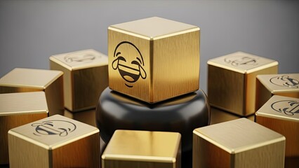 gold cubes with laughing face on gray background