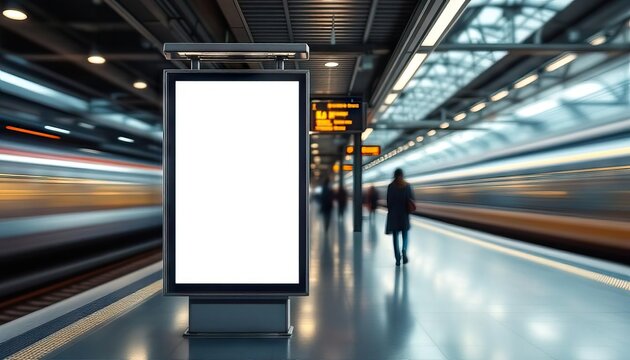 A blank advertising display stands on a platform at a train station. A blurred train passes in the background, and people are walking on the platform. The station has overhead lighting and digital sig