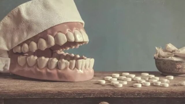 A close-up still life features a vintage dental model, showcasing an open mouth with visible teeth and gums, draped with a white cloth resembling a bandage. Scattered across an aged wooden surface in 