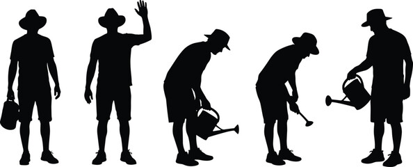 Gardener silhouette set watering plants, man with watering can poses, gardening activity illustration isolated white background vector collection design elements