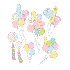 Pastel retro party balloon bouquet clipart set with flowers and wavy patterns