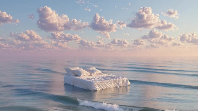 Dreamy white bed floating on calm ocean water under pastel sky with clouds, surreal peaceful sleep concept