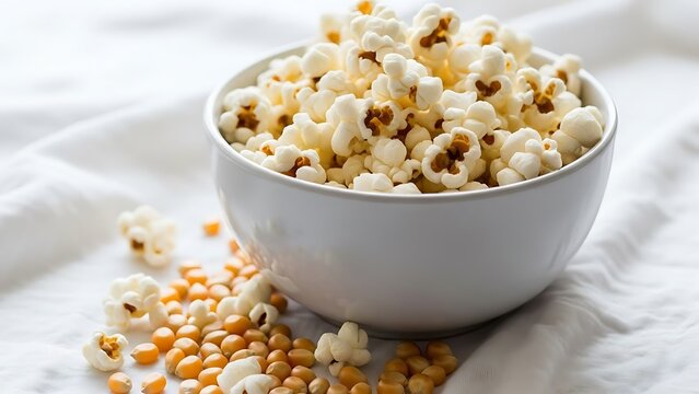 Freshly popped corn in a white ceramic bowl on a white fabric background with scattered kernels - Powered by Adobe