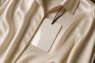 A shiny, satin blouse in a light color features a blank, rectangular tag hanging from the collar. The blouse has a subtle sheen and soft folds, creating a luxurious and elegant look.