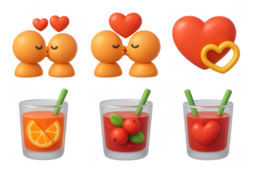 Cartoon love icon set with kissing characters and heart-themed drinks for romantic designs