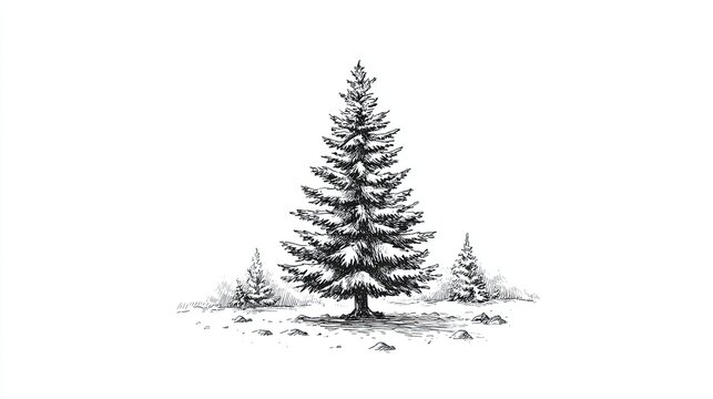 Winter evergreen tree with snow in forest field, black and white engraving sketch style on white background