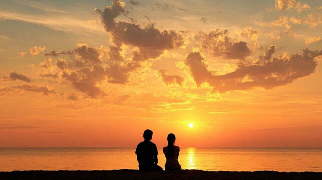 Silhouetted couple sitting on the beach watching the golden sunset over calm sea and dramatic cloudy sky - Powered by Adobe
