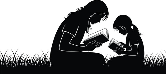 Mother and daughter silhouette reading books together outdoors, family education bonding concept, childhood learning moment isolated white background illustration vector