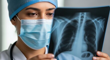 A female Doctor wearing a surgical cap and medical mask reviews a chest x-ray. The Doctor holds the x-ray in her hands, closely examining the details. She is looking for possible abnormalities in the 