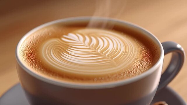 Steaming latte with rosette foam art in a ceramic cup on a table, vapor curls upward in soft light while the camera drifts slightly, revealing creamy texture and warm coffee tones.