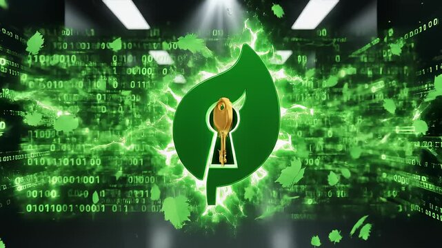 Golden Key Unlocks Green Leaf Logo With Binary Data Code Backdrop