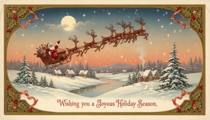 Reindeer team pulling Santa's sleigh across a twilight sky above a peaceful snowy valley.