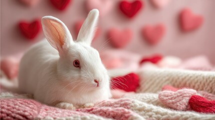 A small white rabbit sits on a pink and white knitted blanket. Heart-shaped decorations in various shades of pink are in the background.