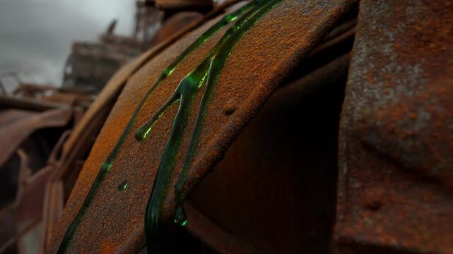Green liquid dripping on rusty metal in urban setting with building in background