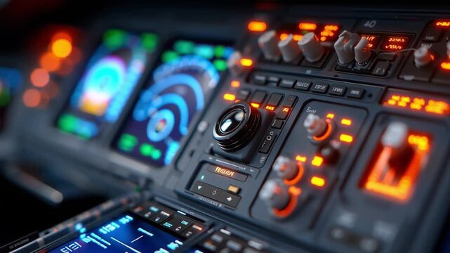 Close-up of professional audio mixing console as LEDs pulse and knobs slide in shallow focus, camera glides along faders revealing blue and orange lights, live sound production concept.