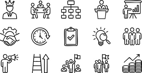 Business Professionals Engaged in Various Activities Illustrated with Simple Line Icons