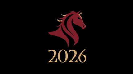 Stylized Red Horse Head Illustration with 2026 Year Text on Black Background
