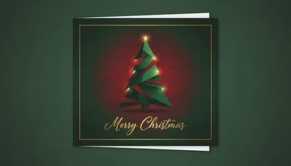 Artistic dark green greeting card featuring a stylized minimalist Christmas tree decorated with glowing golden lights and elegant "Merry Christmas" script below.